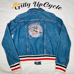 Upcycled NWOT Levis red, white & blue rodeo jean jacket size L